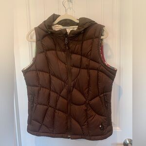 ISIS Goose Down Brown Zip Puffer Vest w Hood Floral pattern lining. Size 12